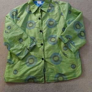 BLEU BAYOU  Large Lime Green Silk Blazer  Long Sleeves  Circular Pattern FL